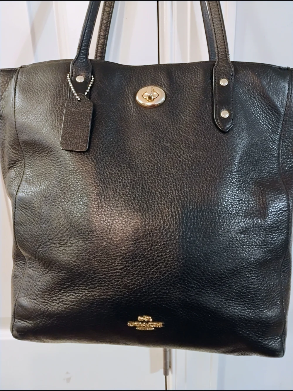 Coach F12484 Black Pebbled Leather Turnlock Carryall Stachel Tote  Purse